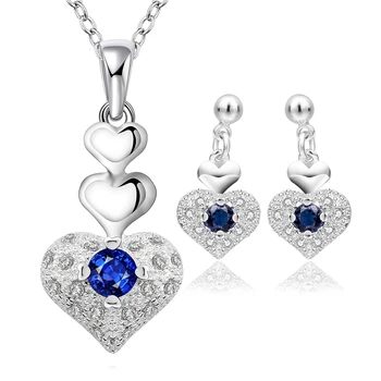 925 فضة القلب قلادة القرط كريستال تشيكوسلوفاكيا حجر الزركون مجوهرات لطيف جميلة للنساء الزفاف سيدة مجموعة جودة عالية