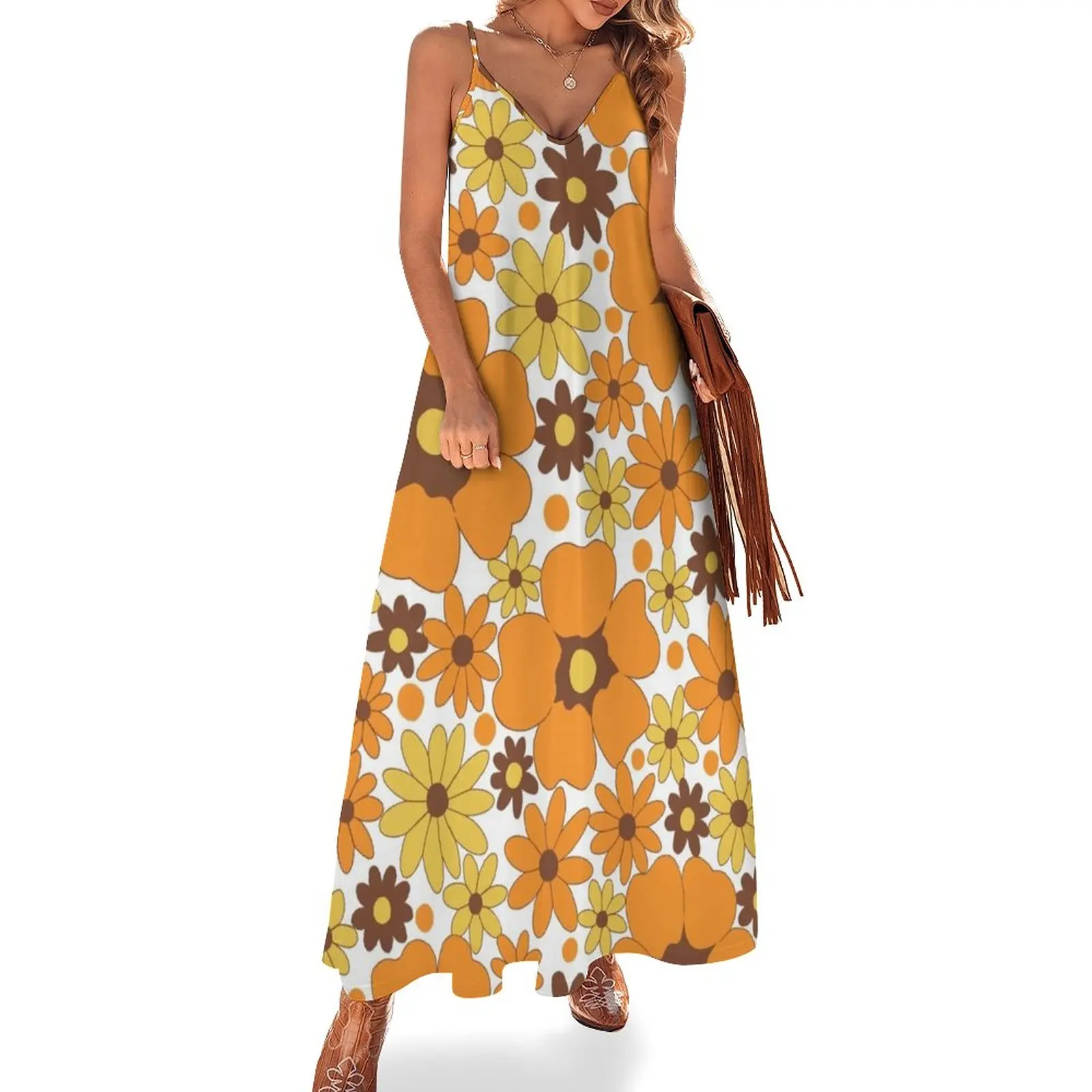 

70s Fall Floral Pattern (White Version) Sleeveless Dress Female clothing Long dress