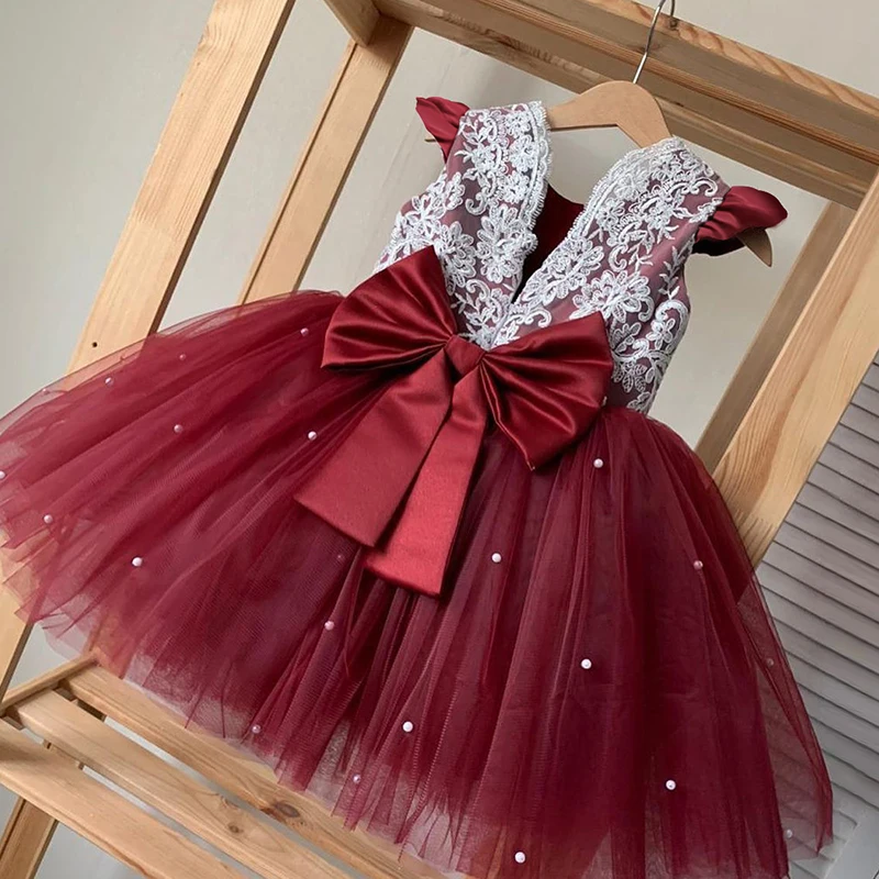 Summer Princess Toddler Kids Girls Tutu Dress Party Wedding 1 to 5 Years Birthday Dresses For Girl Pearl Bow Costumes Lace Gown girls dress princess costume kids clothes