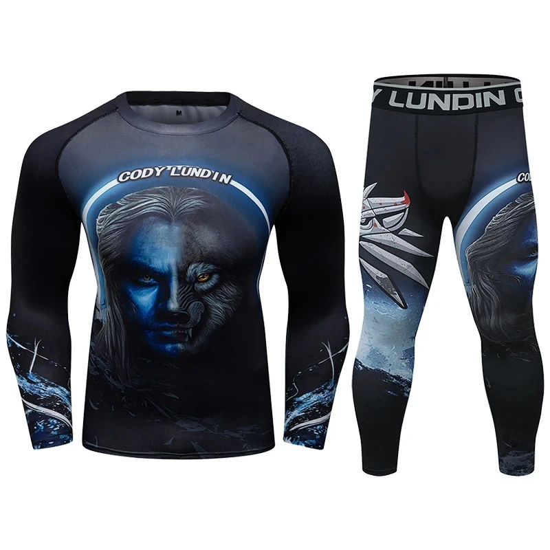 

Cody Lundin Men Two Piece Quick Dry Men MMA Muay Thai Rashguard T-shirts Digital Print Compression Boxing Bottom Spats Leggings