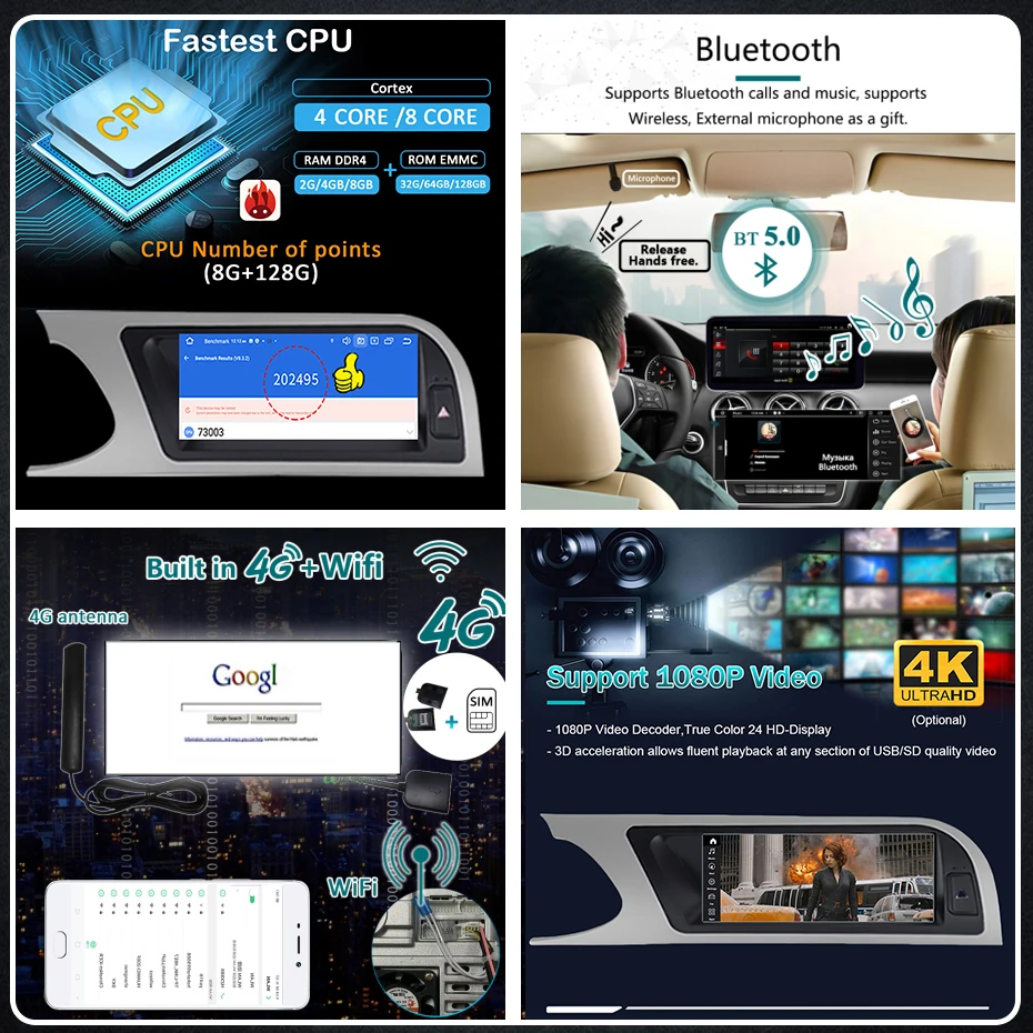Pantalla de radio para coche de 8.8'' con Carplay inalámbrico y Android 15 para Audi A4 B8 2009-2016, estéreo 2Din, reproductor multimedia GPS, Google 4G LTE 5