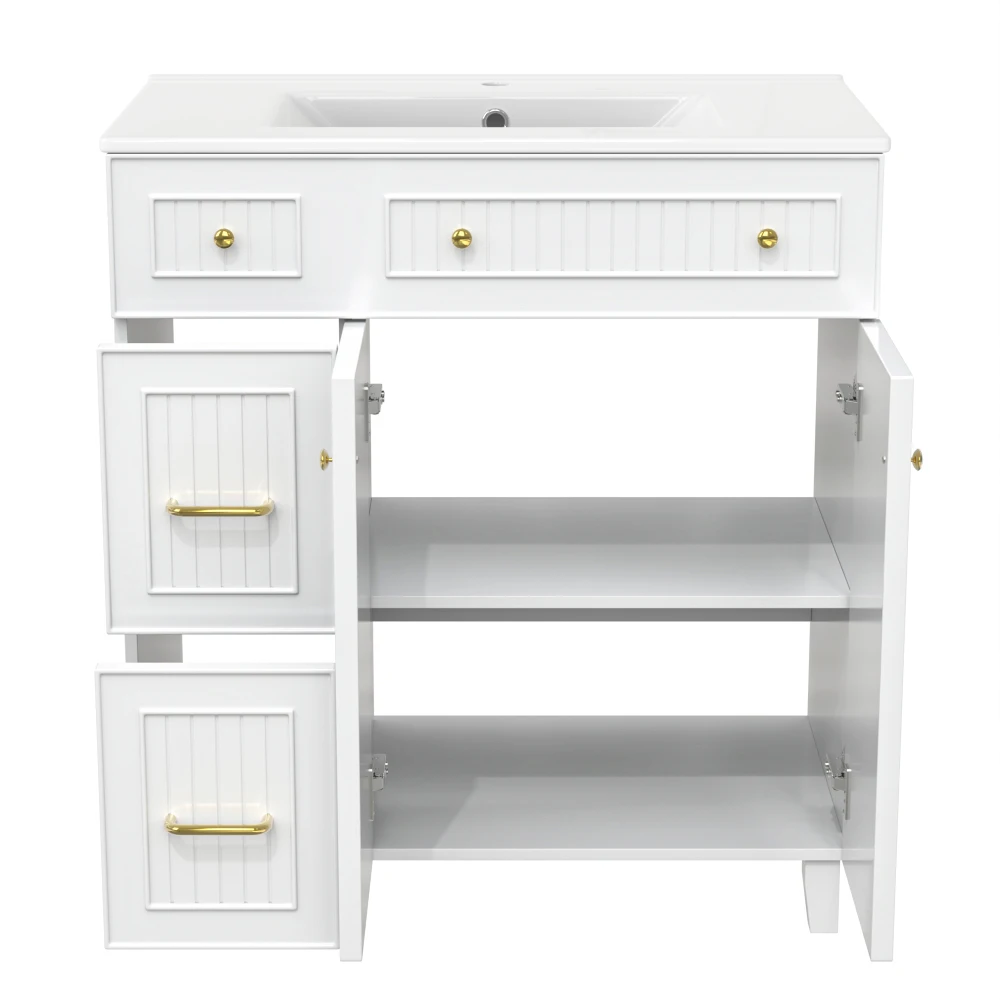 81,7 cm moderner stehender Badezimmerschrank mit Keramikwaschbecken, lackierter Oberfläche, multifunktionaler Stauraum und Massivholzfüßen – Detail 14
