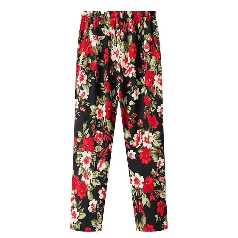 

Women Summer Pants XL-8XL Fashion Print Thin Ice Silk Straight Pants Middle aged Female High Waist Elastic Casual Pants