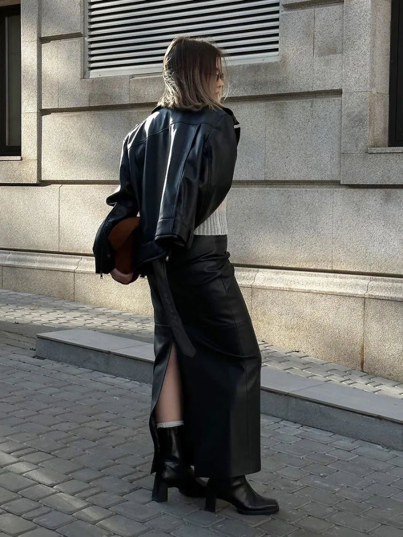 Slit PU Skirts For Women 2025 Spring New Slim Y2K Sheath Skirt Femme Street Solid Casual Fashion Elegant Skirts Womens