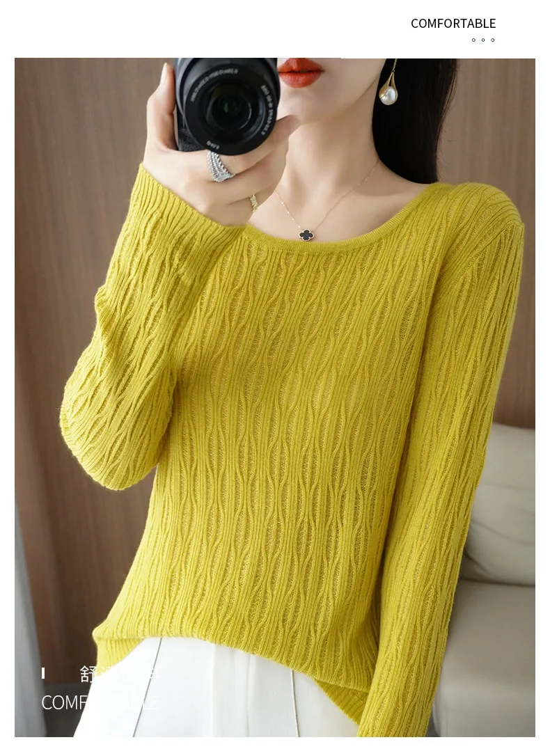 Autumn New Ladies Soft Breathable Sweater Wool Blend O-Neck Pullover Curved Hollow Out Knitted Sweater Slim-Fit Commuter Tops
