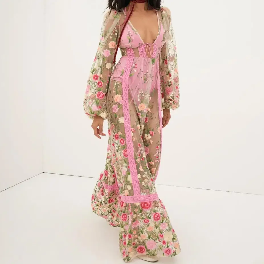 2024 Women's Sexy Holiday Bikini Cover-Ups Beach Flower Embroidery Dress Long Sleeve Dress See Through Mesh Sheer Dresses