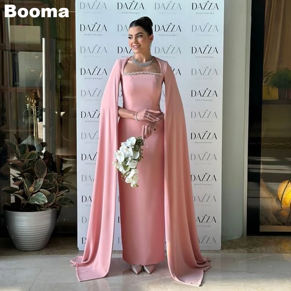 

Booma Pink Elegant Long Evening Dresses for Women Square Collor Draped Sleeves Formal Party Gowns Ankle Length Party Prom Gowns