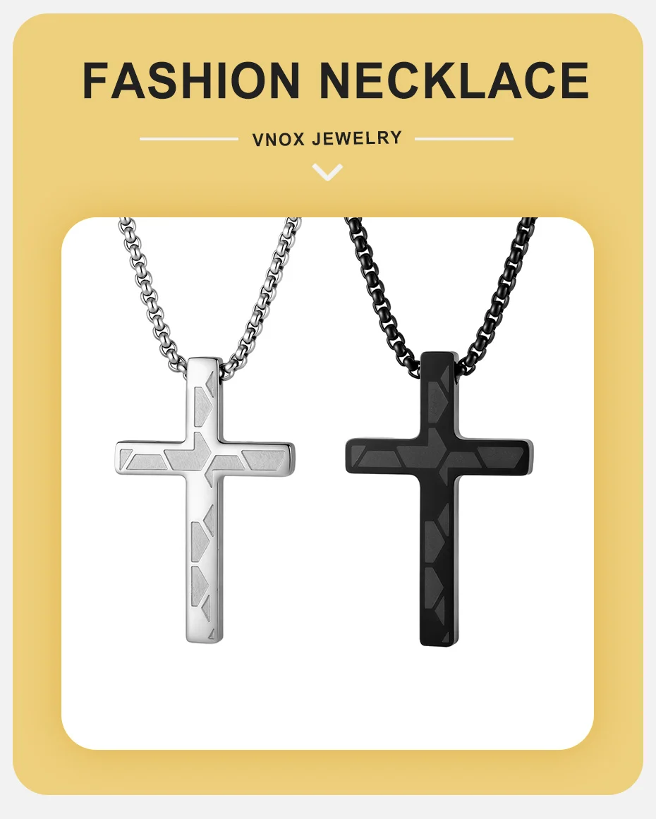 Vnox Kreuz-Anhänger-Halskette für Männer und Frauen, Edelstahl, schwarz-silberfarbene Kastenkette, trendiger christlicher religiöser Schmuck, Geschenk – Detail 1