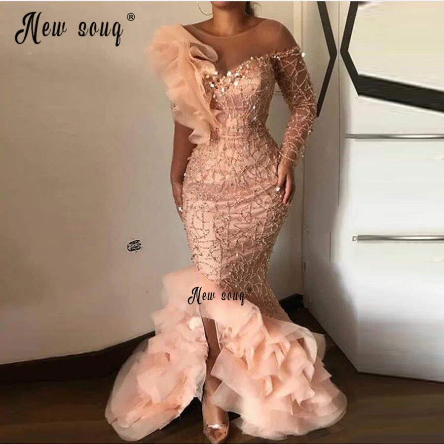 

Long Mermaid Ruffles Champagne Prom Gowns Luxury Beaded Sequin Wedding Party Dress Arabic Evening Dresses Vestido De Novia 2023