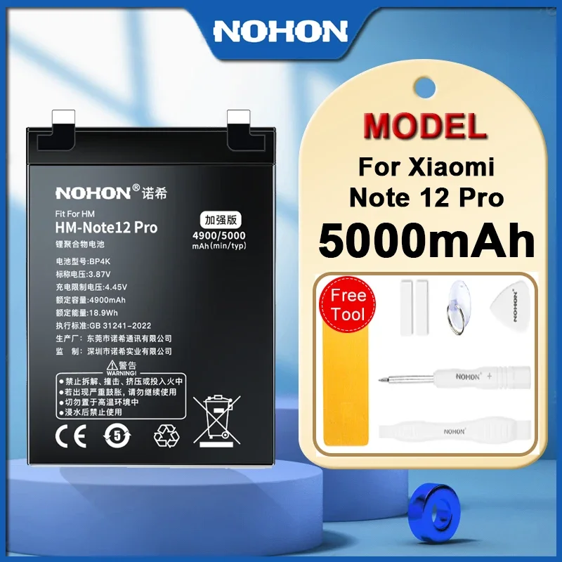 

NOHON High Quality Battery 5000mAh BP4K For Xiaomi Redmi Note 12 Pro / Note 12T Poco X5 Pro 5G Mobile Phone Battery Free tools