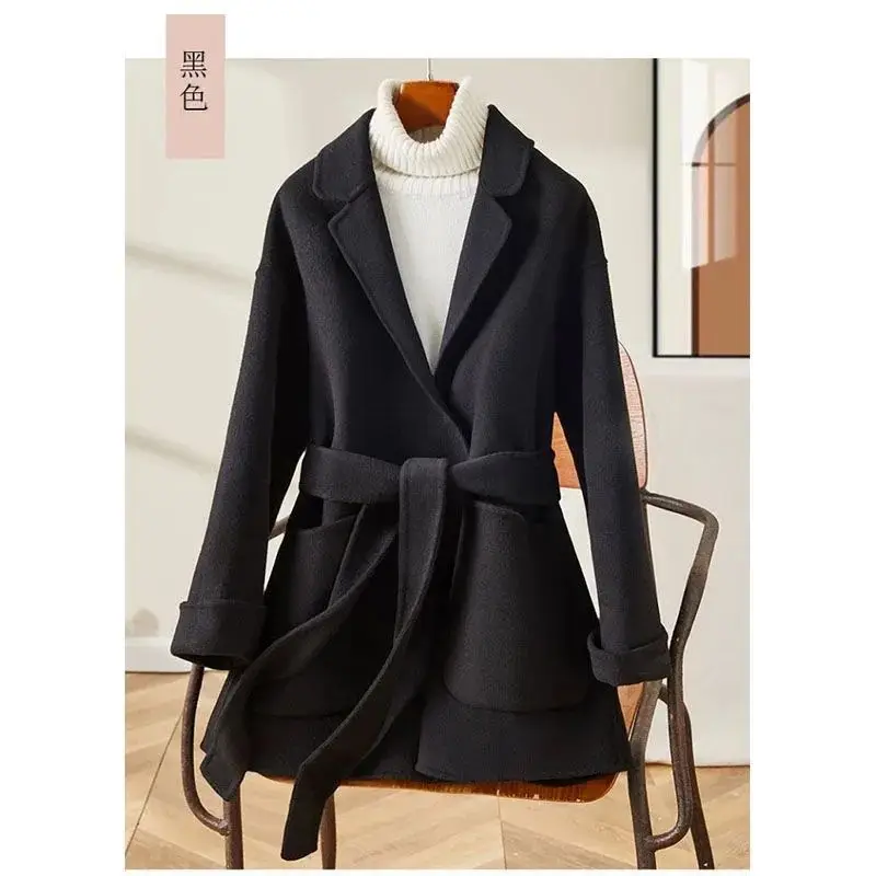Women's Autumn Winter Fashion Solid Color Suit Collar Pocket Tie Pocket Korean Versatile Long Sleeve Slim Fit Mid Length Coat