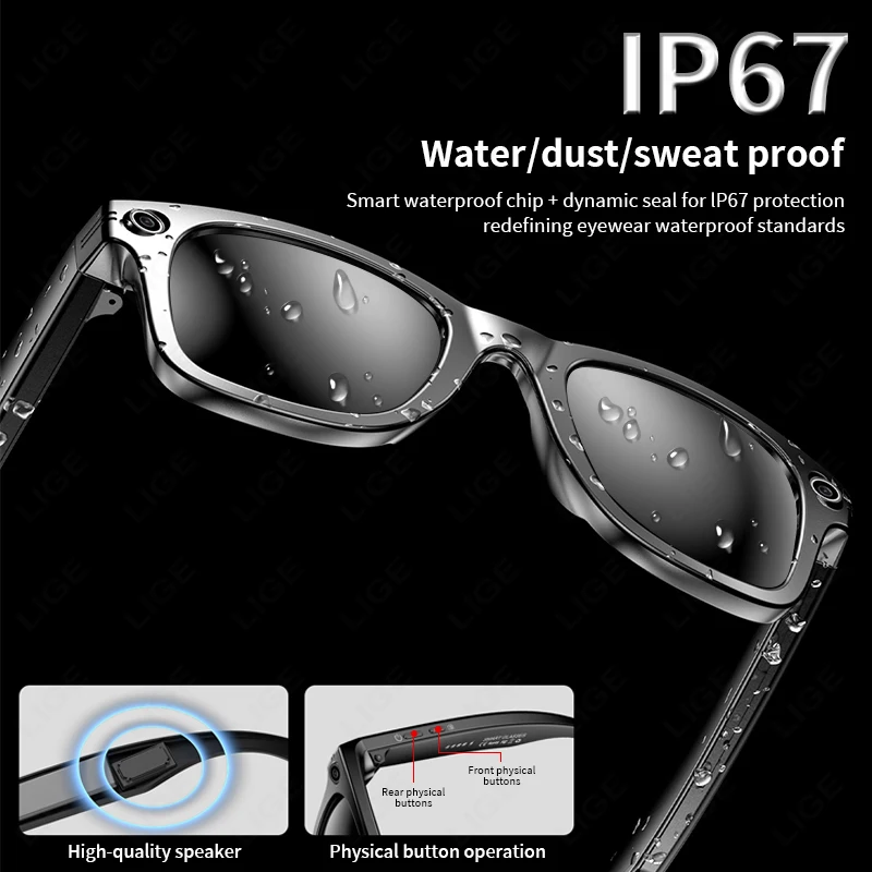LIGE New 800W Camera Glasses Bluetooth Smart Glasses with Camera Voice Call Music Smart Sunglasses Video Sound Record AI Glasses
