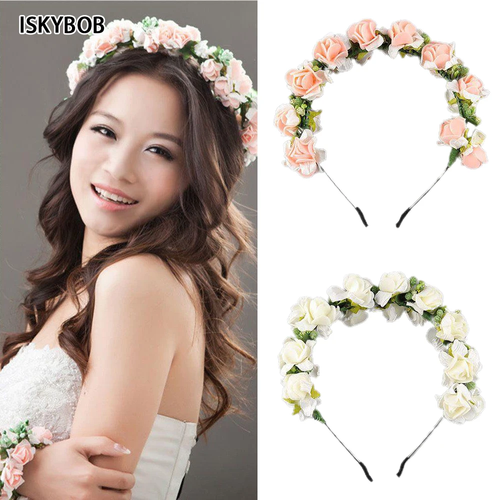 New Rose Flower Heads Boho Hair Garland Girl Beach Crown Hair Band