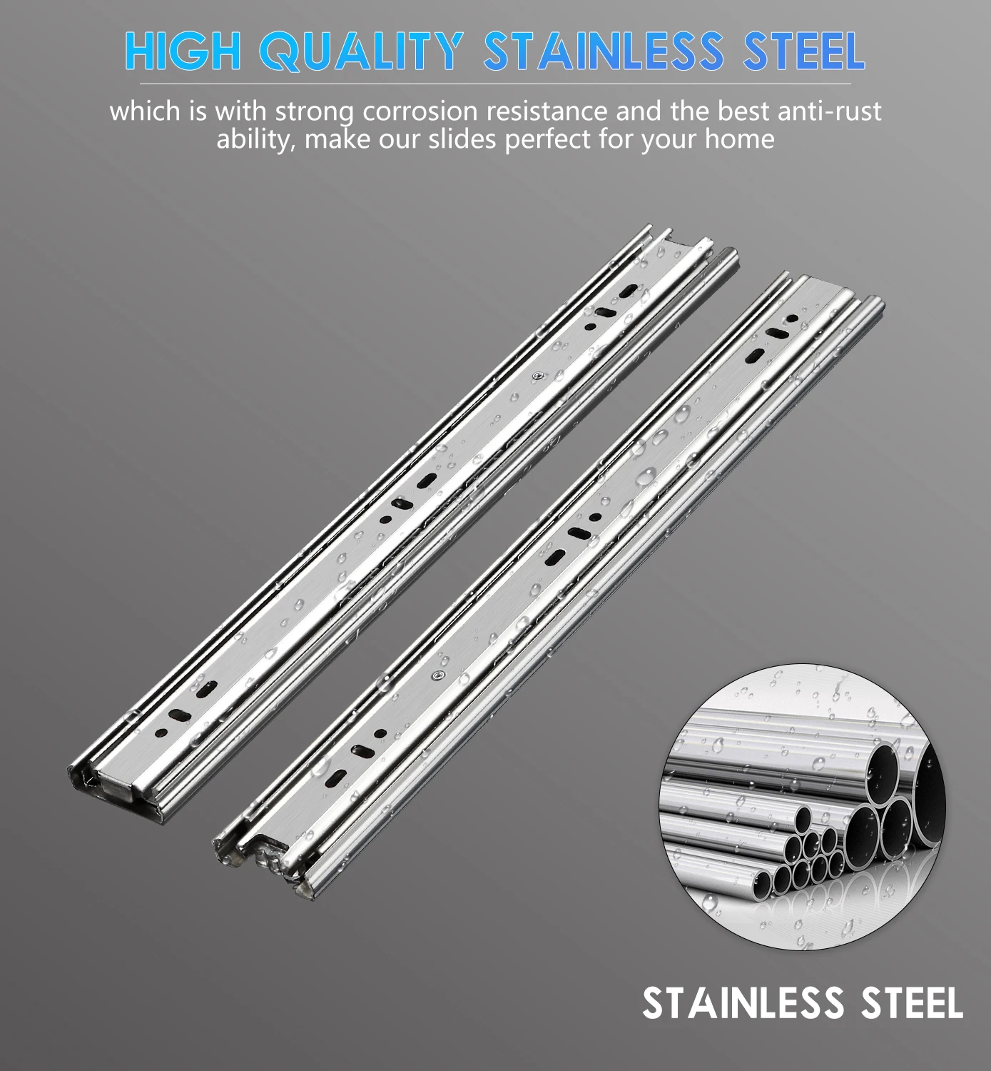 WASHINGST 45mm Slide Drawer Track Water Proof Stainless Steel Load Bearing 100LB Kitchen Cupboard 3 Section Thicken Ball Bearing