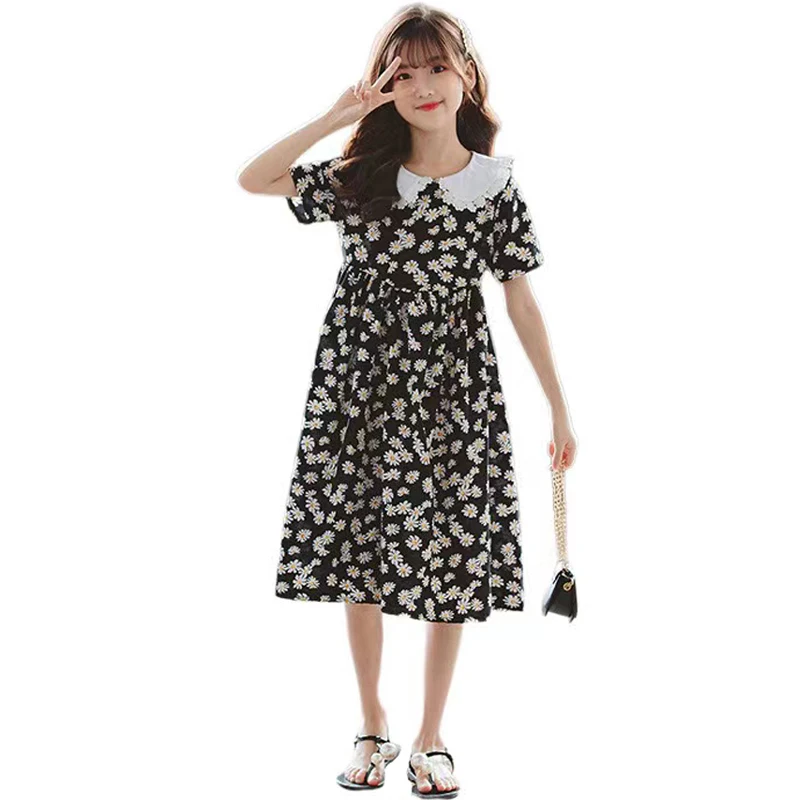 

Летнее платье для девочек, приталенное платье средней длины для подростков, одежда с мелкими помятыми хризантемами, детская одежда принцессы 4 -16 лет