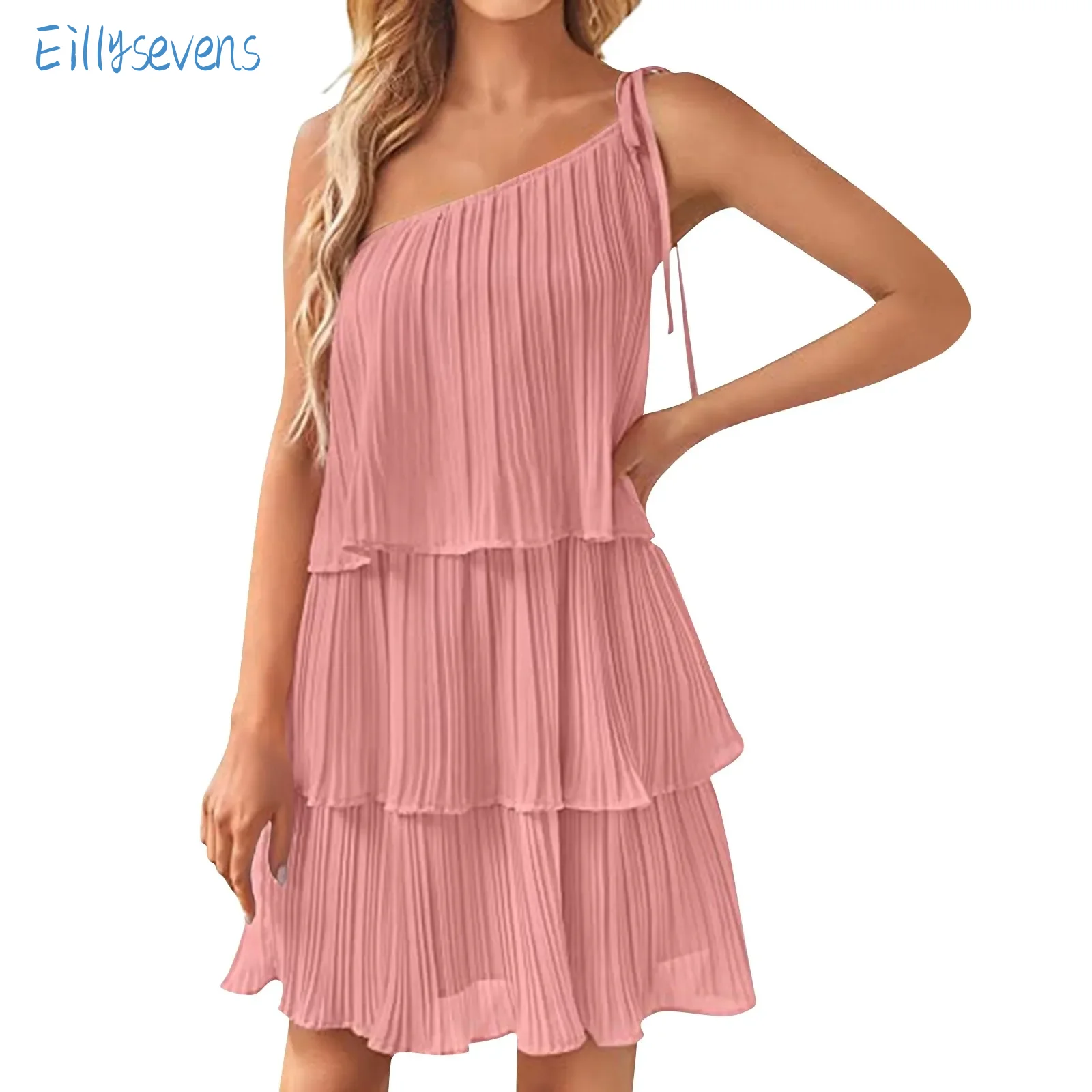 

Summer Vacation Dresses Casual Strapless Strappy Multi-Layered Cake Skirt Mini Dress Fashion Trend Lightweight Thin Comfy Dress