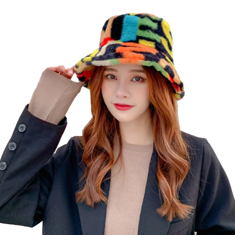 Winter Bucket-Hats Fluffy Fur Men Women Panama Hat Fashion Warm Fisherman Cap Letter Rainbow Houndstooth Leopard Printed fisherman hat bucket hats