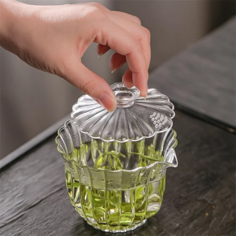 200ml Stripe Glass Gaiwan High Borosilicate Glass Tea Cup Puer Tea Bowl Chawan Soup Tureen Chahai Kung Fu Set Accessorie
