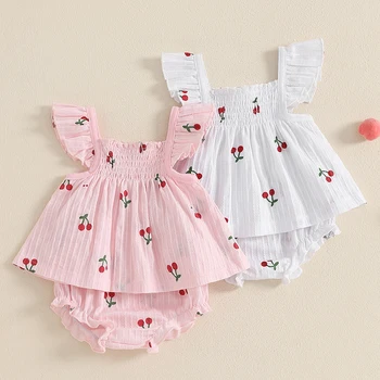 Newborn Baby Girl Clothes Set Cherry Print Smocked Fly Sleeve Babydoll Tops Elastic Waist Ruffle Shorts 2 Piece Summer Outfit 1
