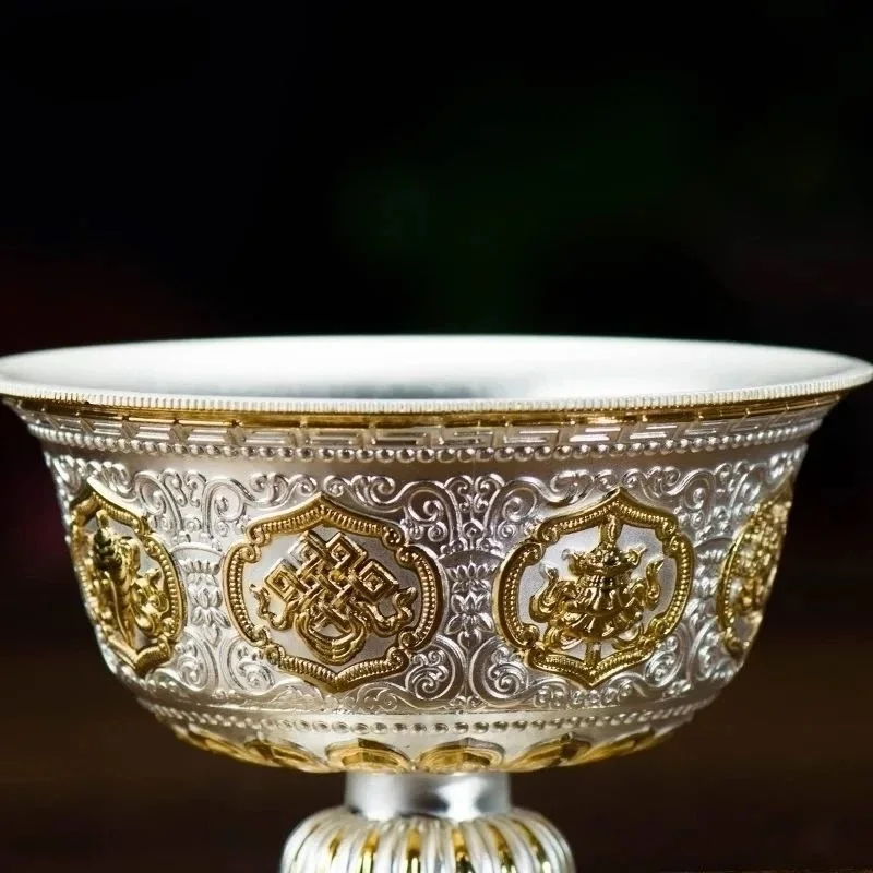 Silver Engraving Buddhism Holy Water Cup Handicraft Alloy Auspicious Tibetan For Buddha Bowl Collection Gift Indoor Decorative