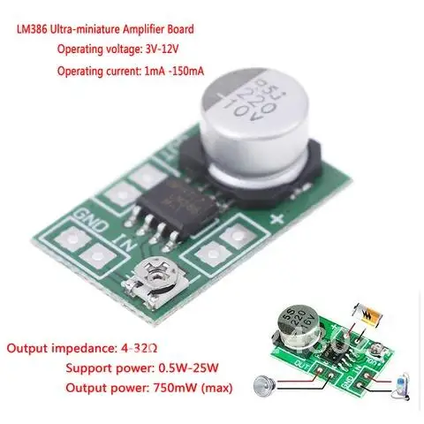 미니 마이크로 오디오 파워 앰프 보드 AMP 모듈, DC 3V  12V, 5V, 6V, LM386, 750mW