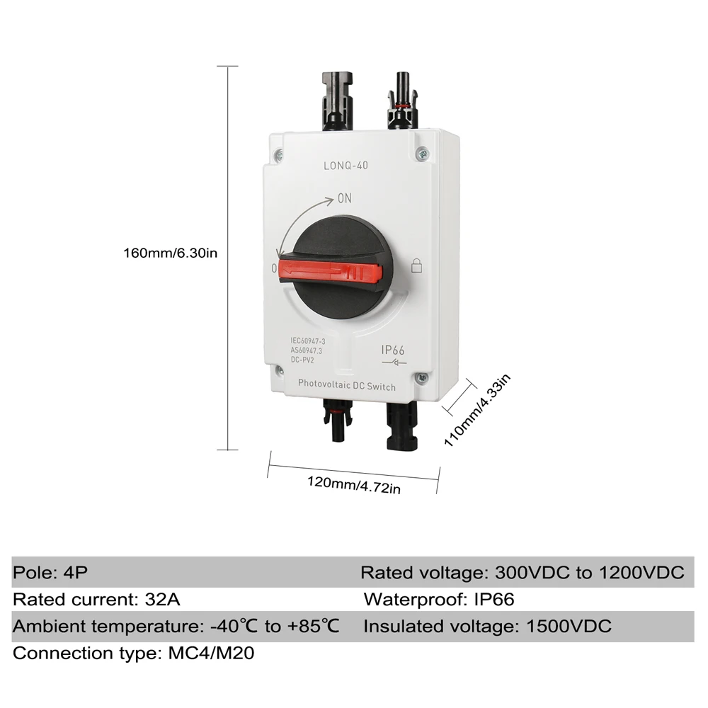 Interruptor De Aislamiento Solar Fotovoltaico 32A 1000V DC – IP66, Impermeable, Para Sistemas Solares Residenciales, RV Y Marinos