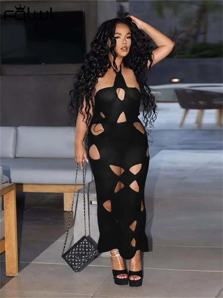 

Habbris Burnished Long Dress Vacation Beach For Women 2023 Autumn Black Hollow Out Maxi Dress Off Shoulder Sleeveless Dresses