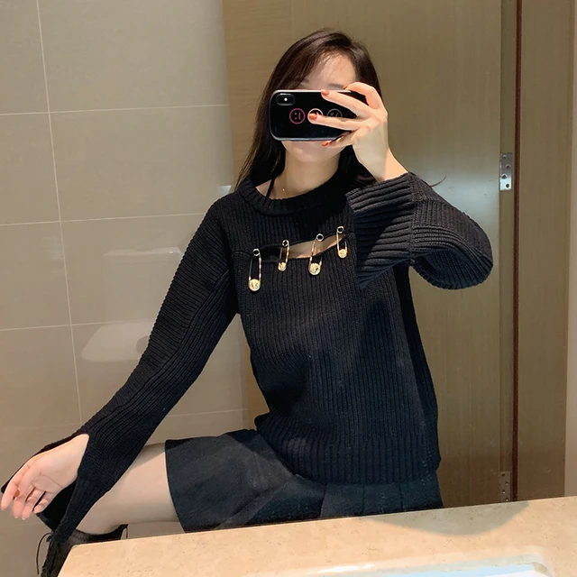High Quality Korean Style Black Hole Sweater Women Loose Wear 2023 New  Fashion Slouchy Sweater