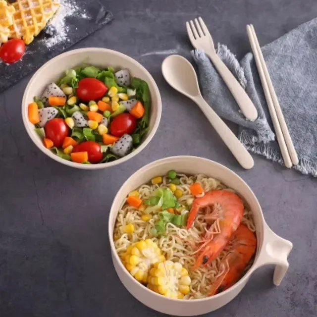 Ensemble de bols Ramen en paille de blé écologique, dortoir d'étudiant, bol à nouilles instantanées au micro-ondes, vaisselle de maison avec poignée de couvercle, bols à salade 4