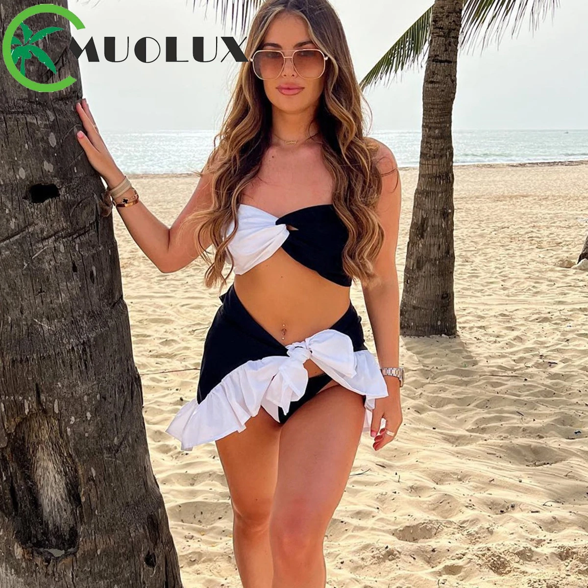 

MUOLUX 2023 Sexy Push Up Bikini Set 3 Pieces Swimsuit Skirt Swimwear Women Retro Solid BathingSuit Brazilian Beach Dress Biquini