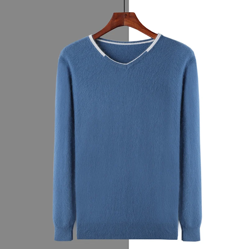 

Men's mink cashmere sweater V-neck pullover sweater autumn and winter new long-sleeved color matching high-quality pullover top