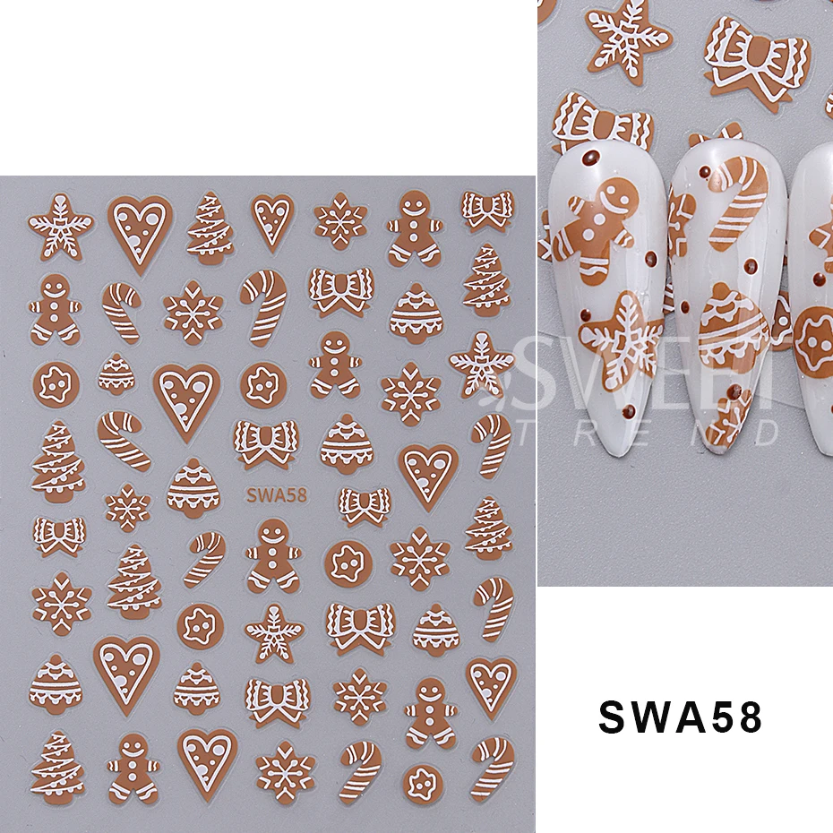 2pcs 3D Christmas Gingerbread Man Nail Stickers Cute Candy Bows Heart Nail Slider Winter Snowflake Nails Decorations Accessories