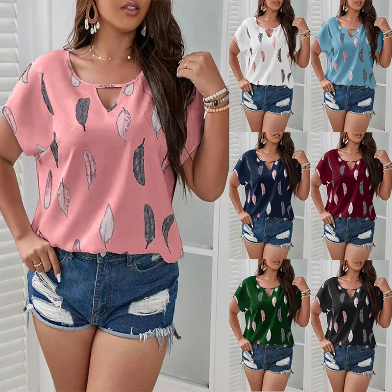 

Feather Print Womens T-Shirt Ladies Casual Basis O-Collar White Shirt Short Sleeve Ladies T-Shirt Graphic Printing Top Female