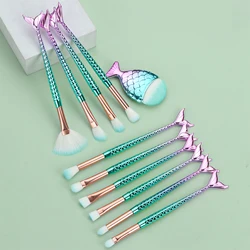Mermaid-Inspired 11-Piece Makeup Brush Set with Fish Tail Design (Purple green)