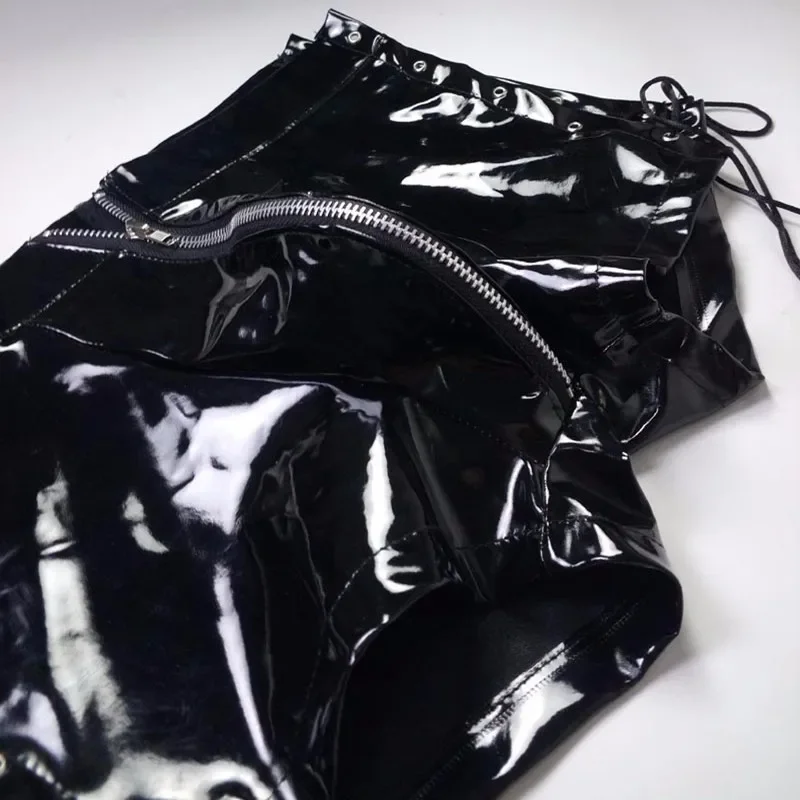sexy lingerie Shorts Hot Men Latex PVC open crotch zipper leggings Shorts Fetish Gay Faux Leather Lace Up Short Pants clubwear