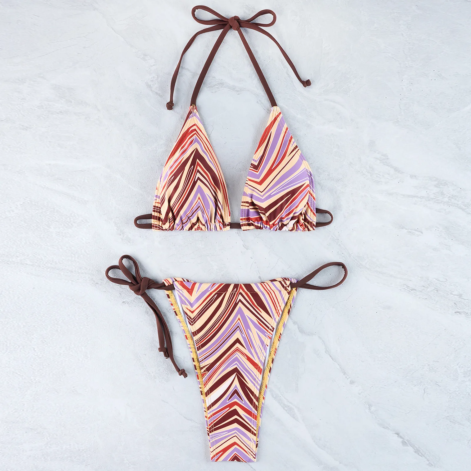 

Striped Print Swimwear Two Pieces Swimsuit Women Halterneck Tie Beachwear Female Thong Bikini Bandage Stretch Bathing Suit