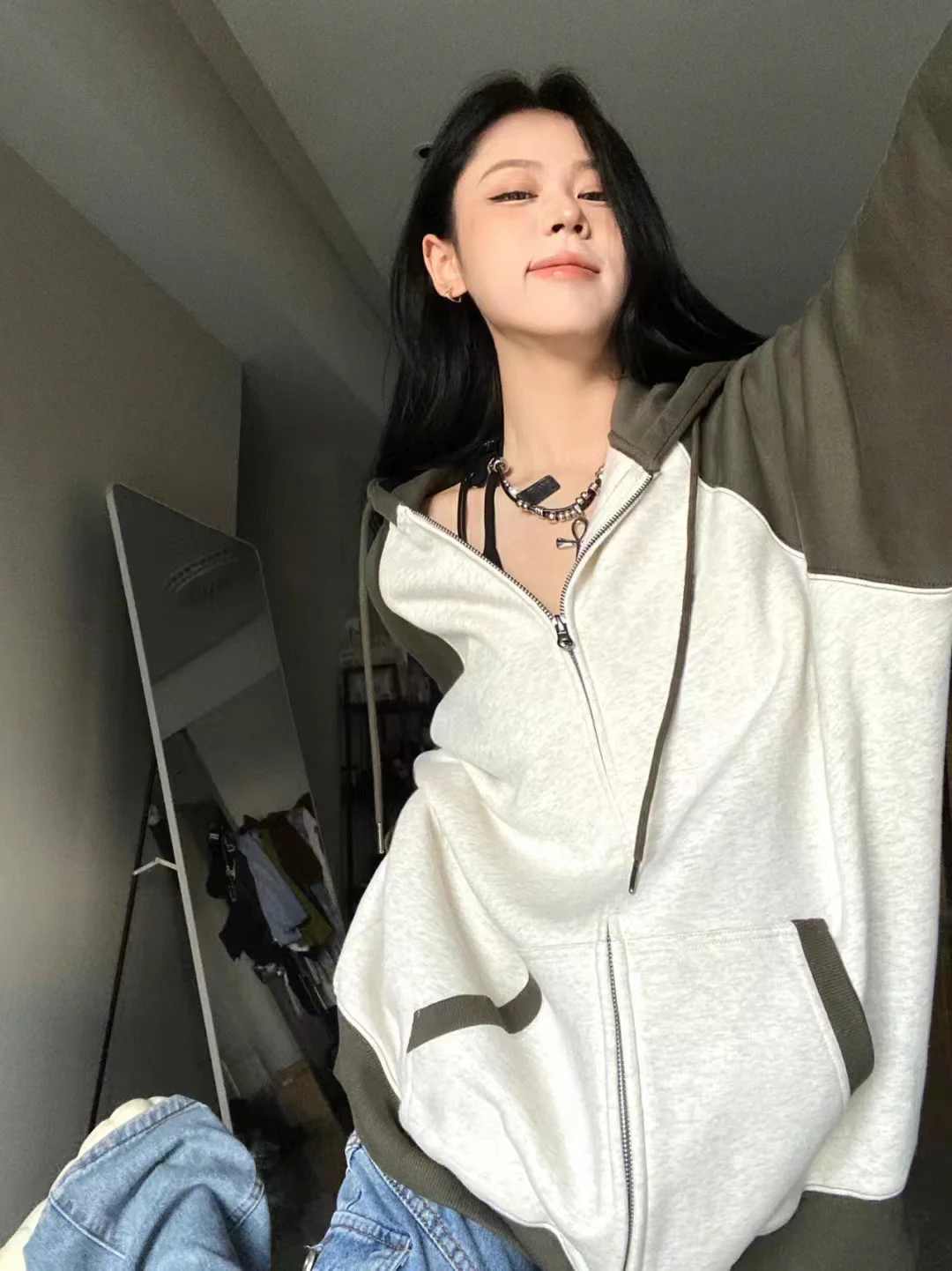 여성용 지퍼 포켓 카디건 재킷 후드 맨투맨 코트, 컬러 스티칭 얇은 후드, 긴팔 오버사이즈 후드 아우터