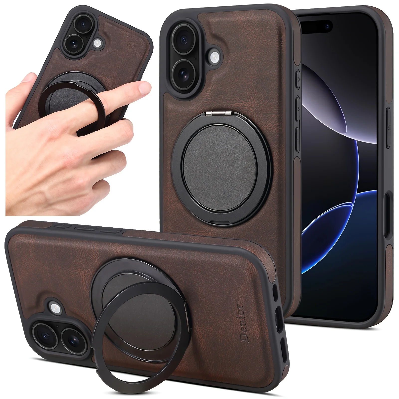 360° Rotating Stand Faux Leather Ring Buckle Mobile Phone Case