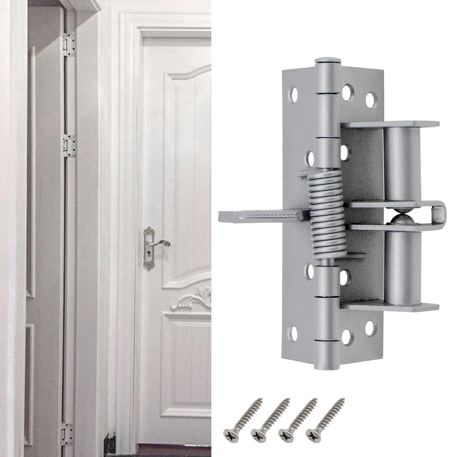 2pcs Self Closing Silver Door Hinges Automatic Closing Door Closer Spring Hinge with Positioning 90 Degrees