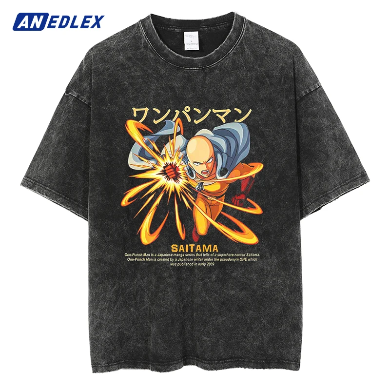 

Hot Sale Summer Fashion T-shirt T Shirt Men Anime Printed Vintage Washed Tshirt Short Sleeve Tops 100% Cotton Hip Hop Streetwear