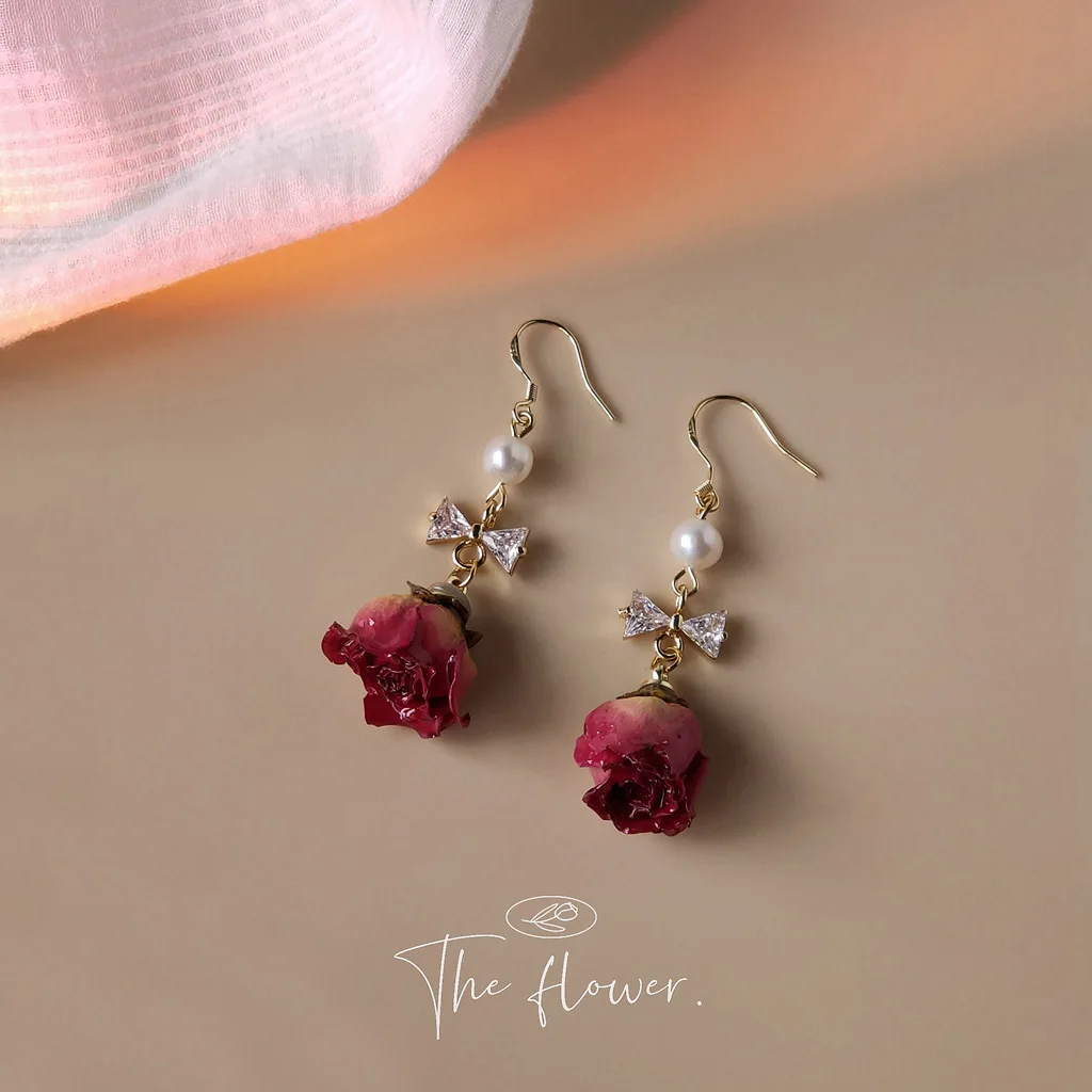 

Hot Sell 14K Gold Filled Fresh Rose Flower Natural Freshwater Pearl Ladies Drop Earrings Jewelry For Women Best Gifts No Fade