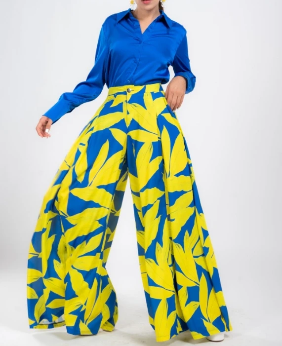 

Women's Elegant Pants Set 2024 Spring Latest Commuting Urban Style Loose Large Size Elegant Printed Shirt Top Wide Leg Pants Set