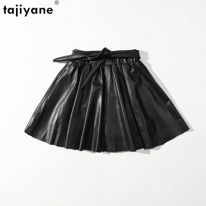 

Tajiyane Real Sheepskin Leather Skirt Elastic Waist Short Skirts for Women Skirts A-line Skirt Pleated Skirt Tied Waist Belt SGG