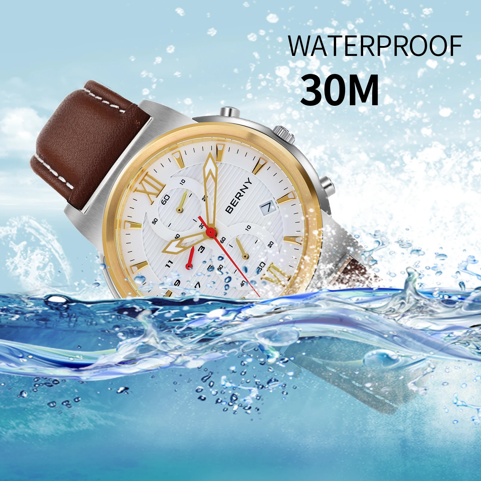 BERNY Men Quartz Watch Calendar Waterproof Leather Strap Male Clock Chronograph Luxury Sport Wristwatch Luminous Montre Homme 4