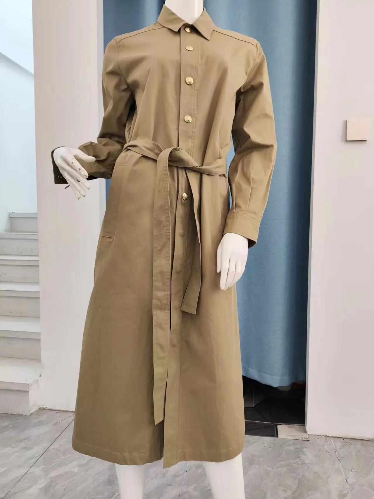 Fenggejiwo Women's Spring and Autumn Pure Cotton Belt Windbreaker Shirt Style Dress