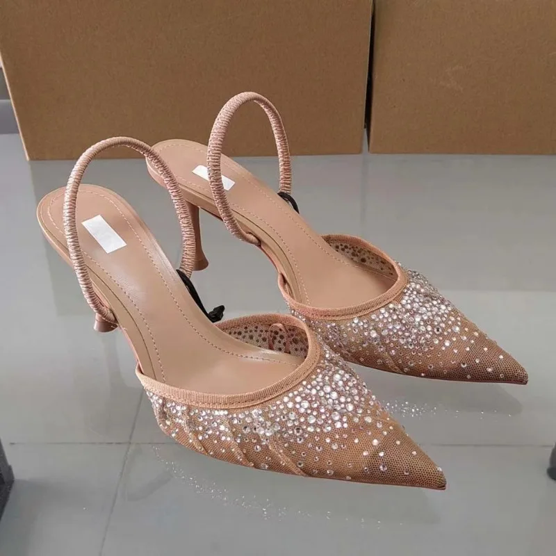 Summer Women's Sandals Water Diamond Bright Mesh High Heels Footwear Elegant Slingback Pointed Slip on Party Lady Shoes women slingback sandals,women high heels shoes