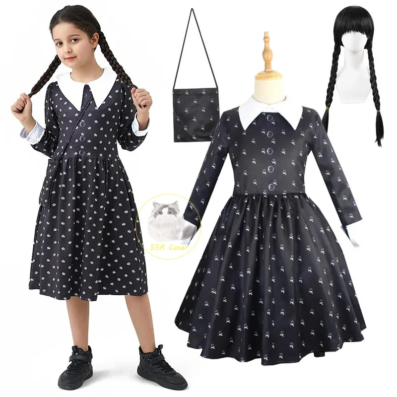 

Kids Addams Cosplay Costume Wednesday Addams Dress Gothic Black Clothes Long Sleeve Dresses Wig Bag Halloween Carnival Costume