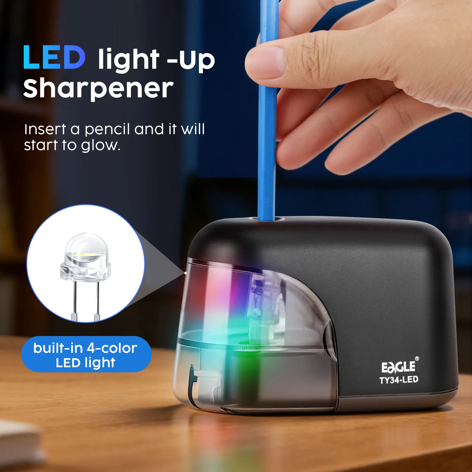 컬러풀 LED 조명이 있는 EAGLE 전동 연필깎이, 6-8mm 원형, 육각형, 삼각형 연필에 적합한 5초 빠른 자동 연필깎이