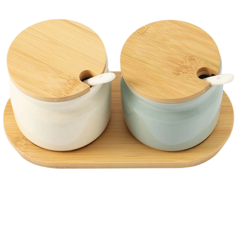 

Set Of 2 Sugar Bowl,300Ml Ceramic Spice Jar Seasoning Box Condiment Pots Salt Jar With Lid And Spoon For Kitchen