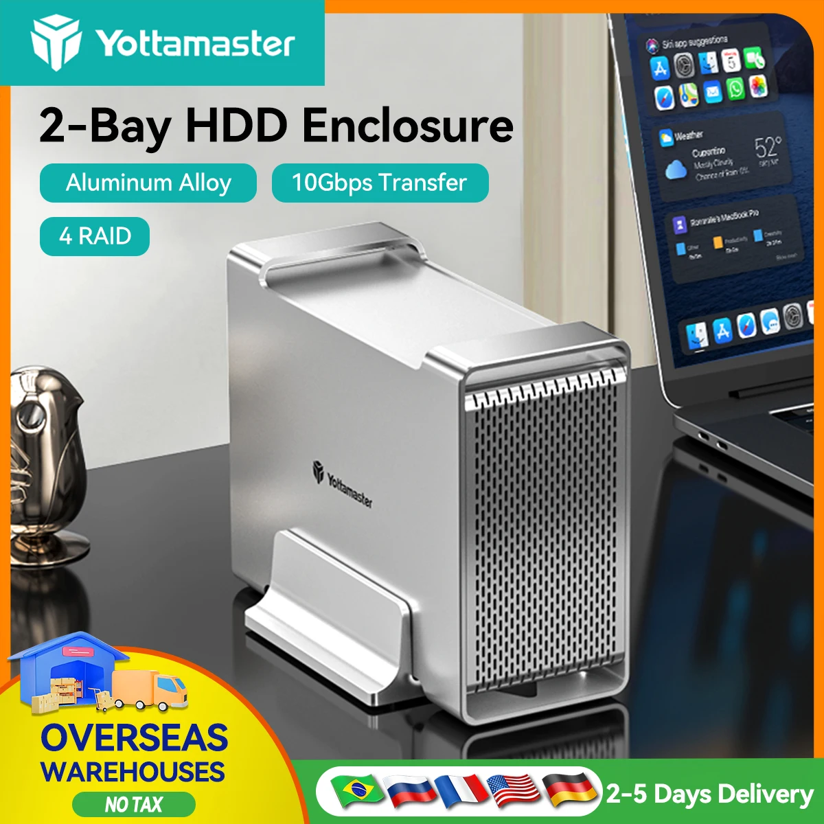 Yottamaster 2 Bay Aluminum Alloy RAID USB3.1 10Gbps Hard Drive Enclosure 2.5" 3.5" SATA SSD/HDD External Case